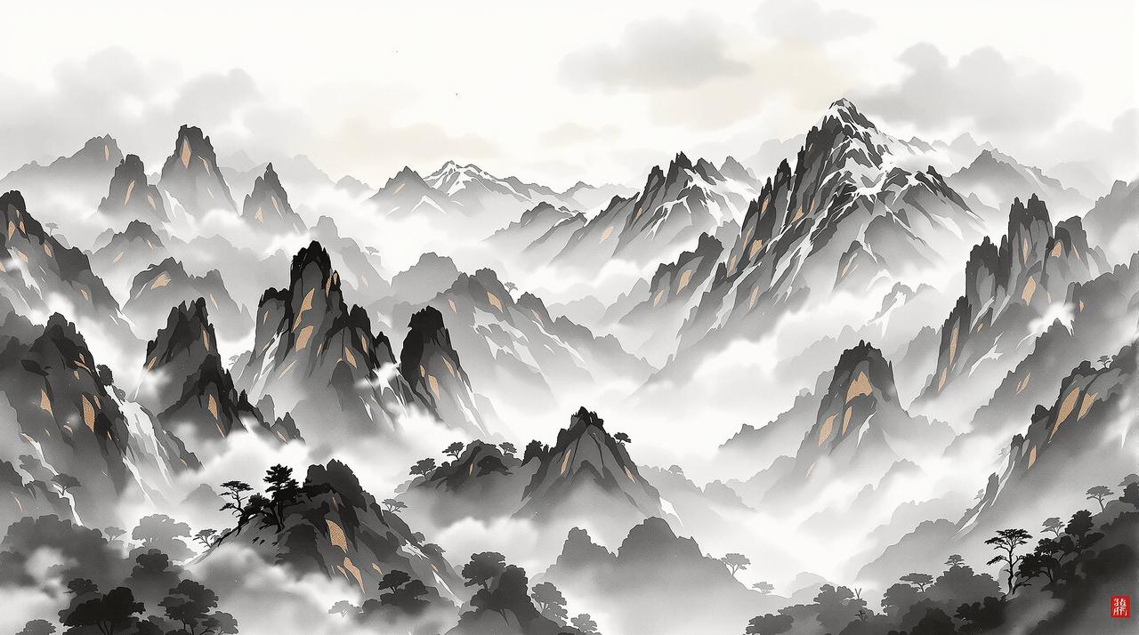 78影视 - 青绿山水意境背景，云雾缭绕的山峰层叠，东方美学与现代极简的交融